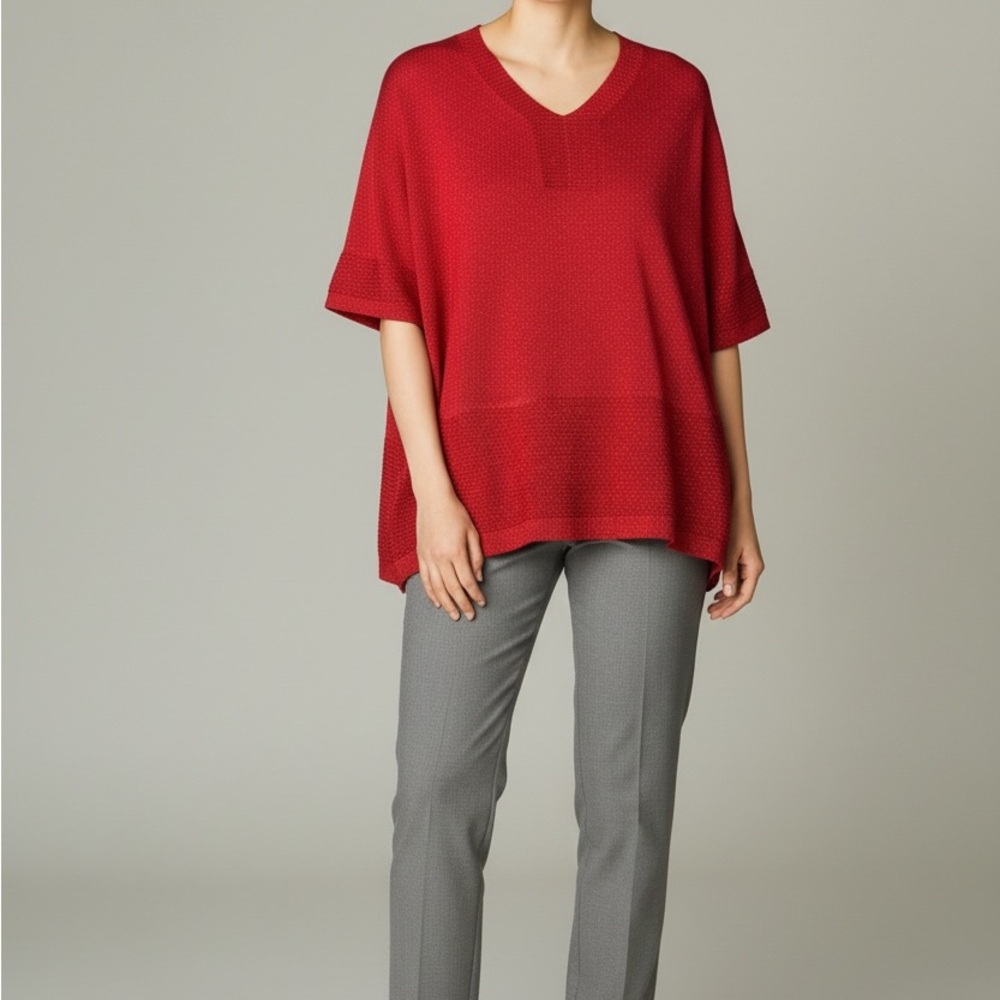 JM Collection Women's V-Neck Short-Sleeve Red Lurex Shine Sweater Size PM